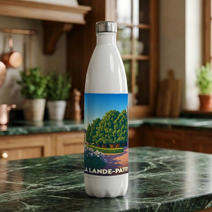 Gourde souvenir de la ville de La Lande-Patry avec une illustration de paysage stylisée.