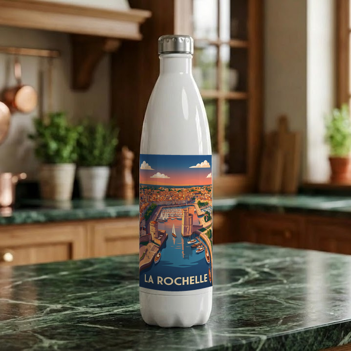 Gourde souvenir de la ville de La Rochelle avec une illustration stylisée.