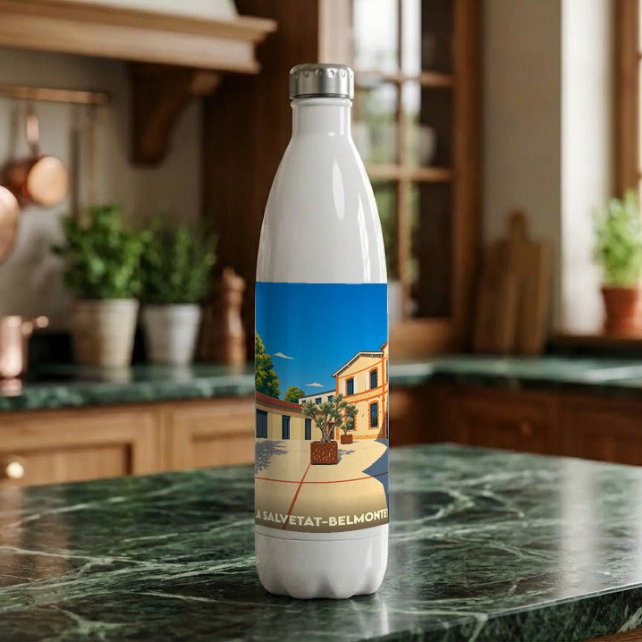 Gourde souvenir de la ville de La Salvetat-Belmontet avec une illustration stylisée.