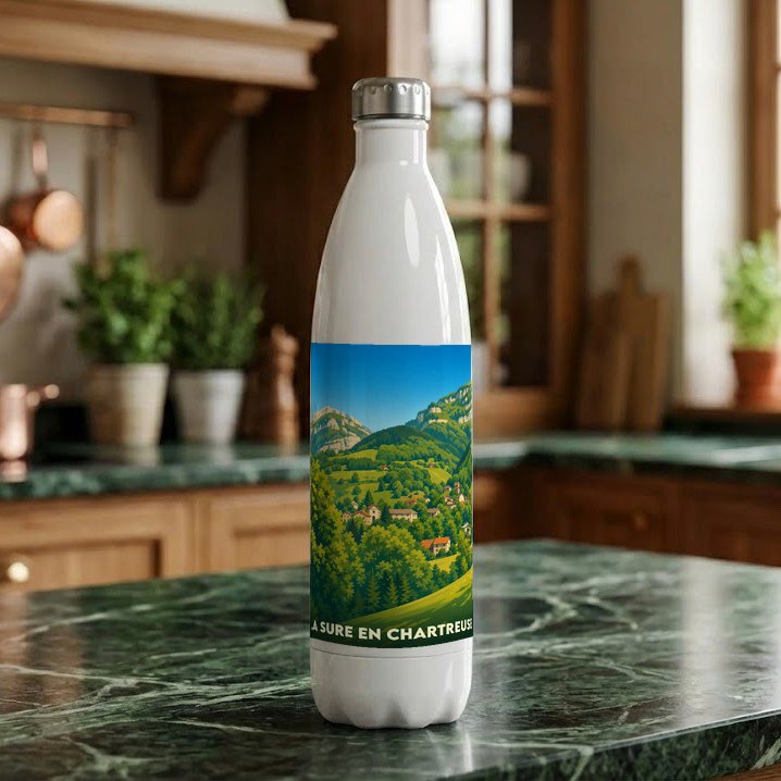 Gourde souvenir de la ville de La Sure en Chartreuse avec une illustration stylisée de paysages montagneux.