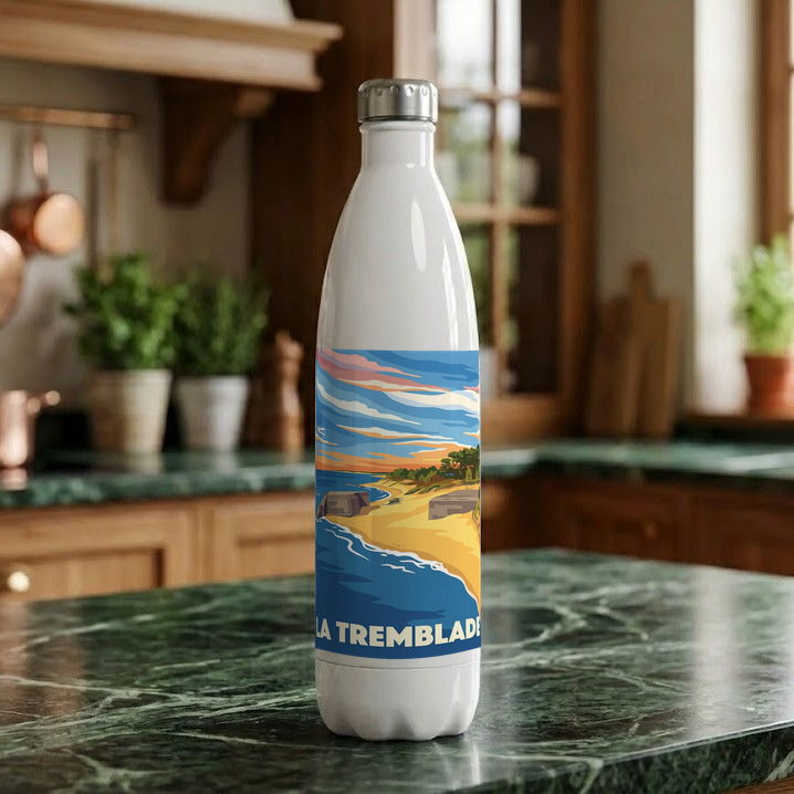 Gourde souvenir de la ville de La Tremblade avec une illustration stylisée de son littoral.