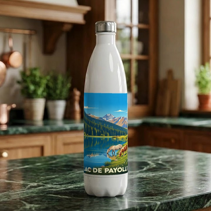 Gourde souvenir du Lac de Payolle avec une illustration stylisée de montagne et de chevaux.