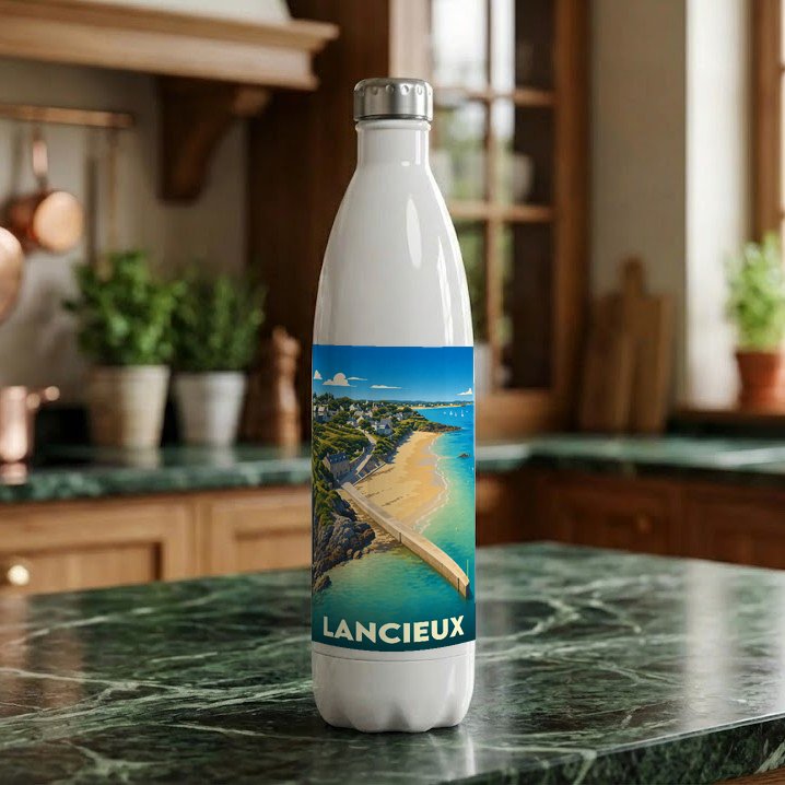 Gourde blanche souvenir de la ville de Lancieux avec une illustration stylisée du littoral.