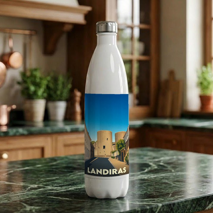 Gourde blanche souvenir de la ville de Landiras avec une illustration stylisée de son patrimoine.
