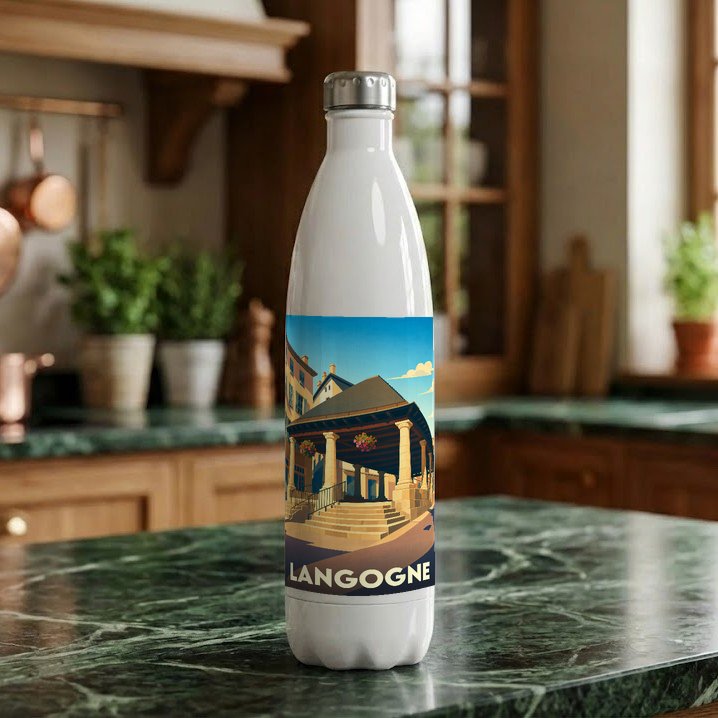 Gourde blanche souvenir de la ville de Langogne illustrée d'un dessin stylisé de sa halle historique.