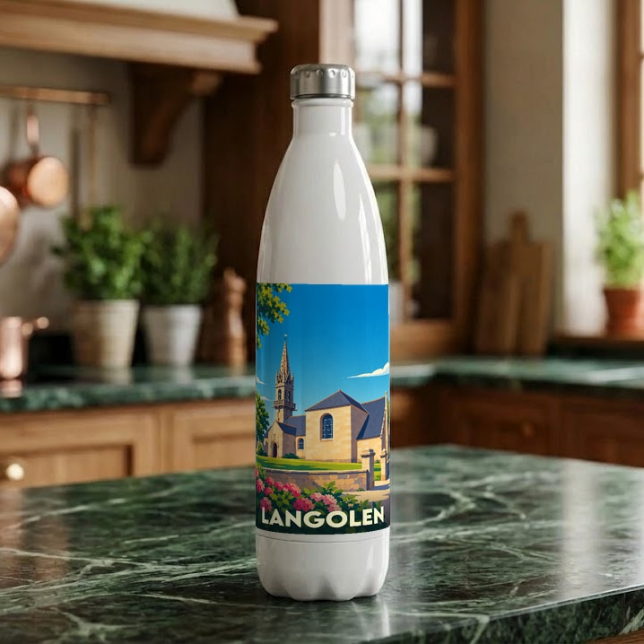 Gourde souvenir blanche de la ville de Langolen avec une illustration stylisée de son église.