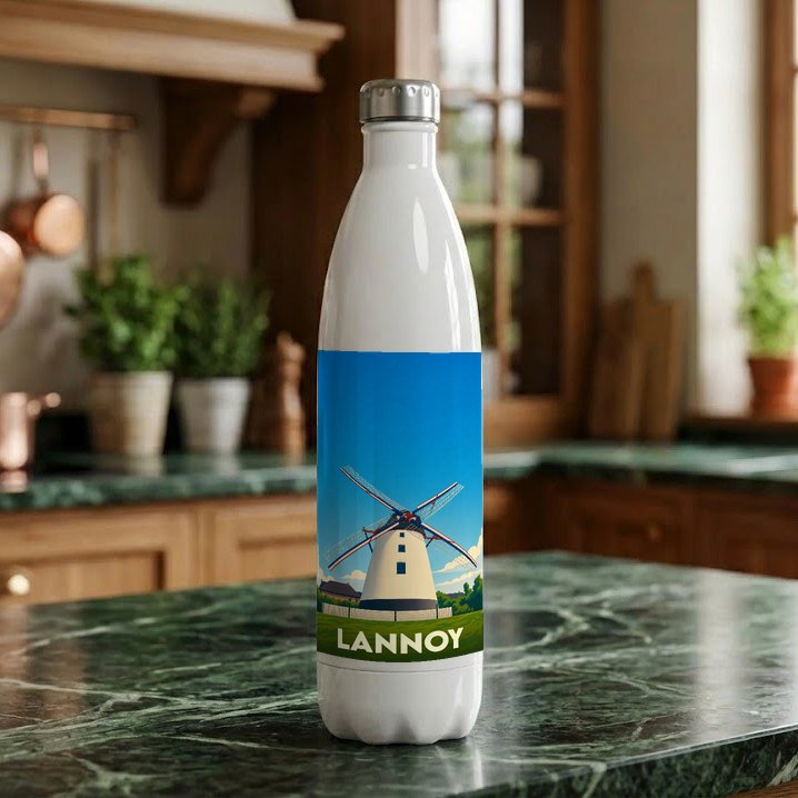 Gourde souvenir de la ville de Lannoy avec une illustration stylisée d'un moulin.