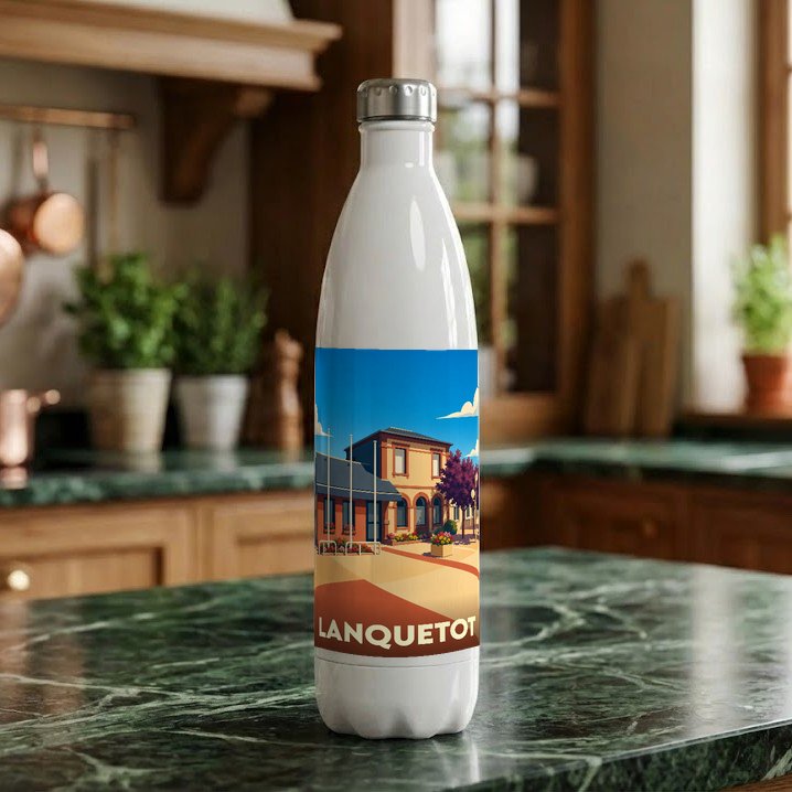 Gourde souvenir de la ville de Lanquetot avec une illustration stylisée.