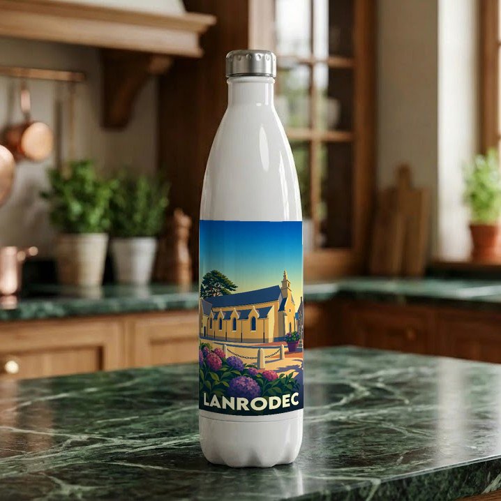 Gourde blanche souvenir de la ville de Lanrodec avec une illustration stylisée de son église.