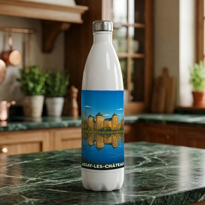 Gourde souvenir de la ville de Lassay-les-Châteaux illustrée par une vue stylisée de son château se reflétant dans l'eau.