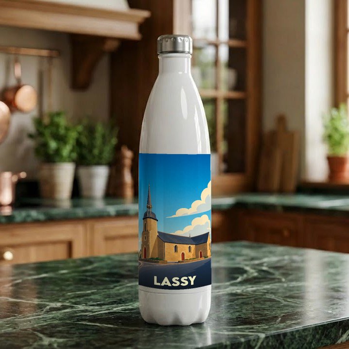 Gourde souvenir de la ville de Lassy avec une illustration stylisée de son église.