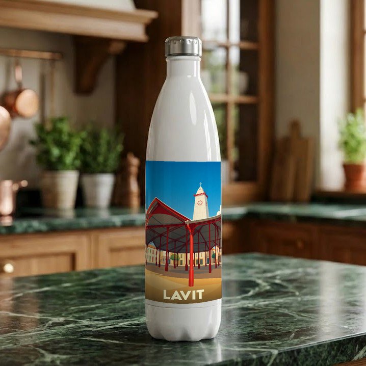 Gourde souvenir de la ville de Lavit avec une illustration stylisée de sa halle et de son clocher.
