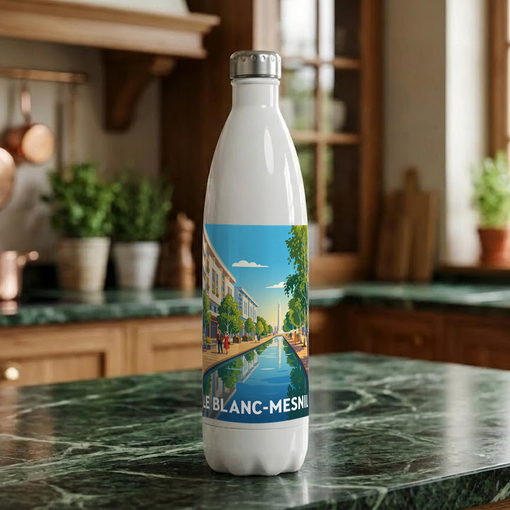 Gourde souvenir de la ville de Le Blanc-Mesnil avec une illustration stylisée.
