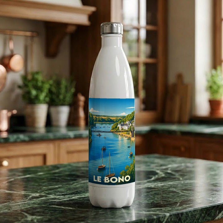 Gourde souvenir de la ville de Le Bono avec une illustration stylisée.