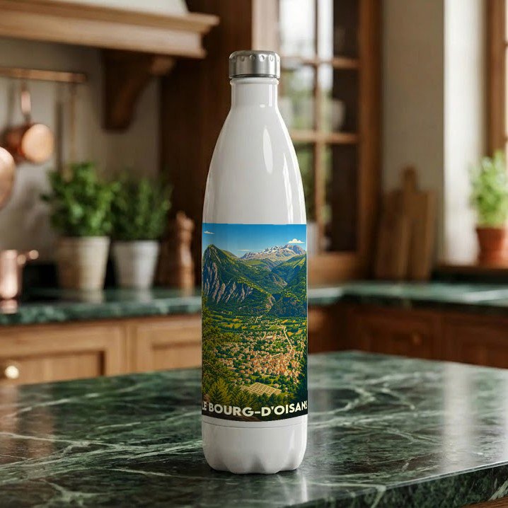 Gourde souvenir de la ville de Le Bourg-d'Oisans avec une illustration de paysage montagneux.