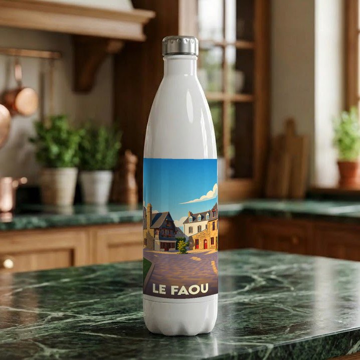 Gourde blanche souvenir de la ville du Faou avec une illustration stylisée.