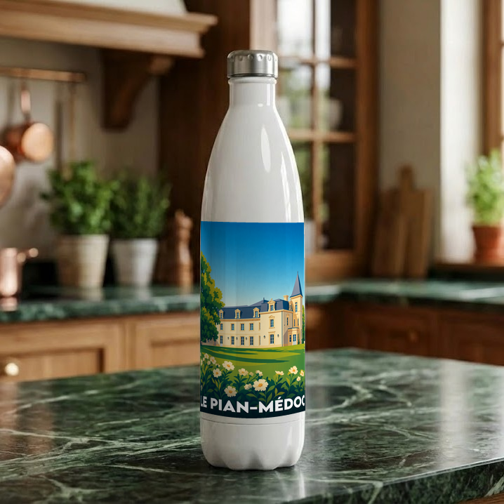 Gourde souvenir de la ville de Le Pian-Médoc avec une illustration stylisée d'un château.