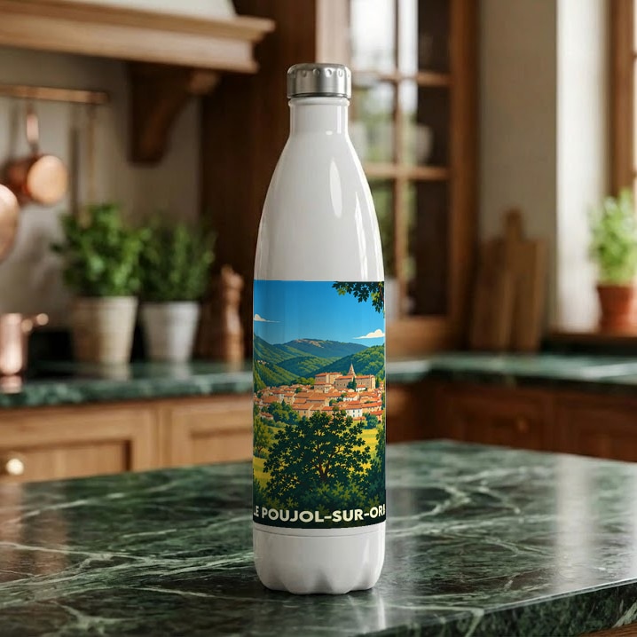 Gourde souvenir blanche de la ville du Poujol-sur-Orb avec une illustration stylisée de son paysage vallonné.