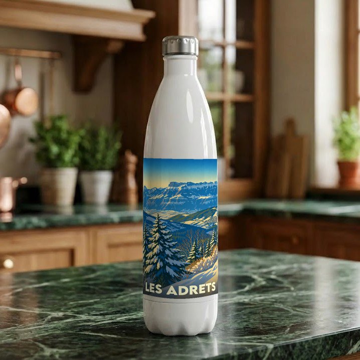 Gourde souvenir de la ville de Les Adrets avec une illustration stylisée de montagnes enneigées.