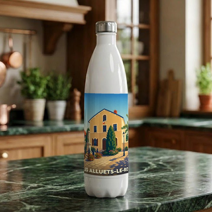 Gourde souvenir de la ville de Les Alluets-le-Roi avec une illustration stylisée de sa mairie.