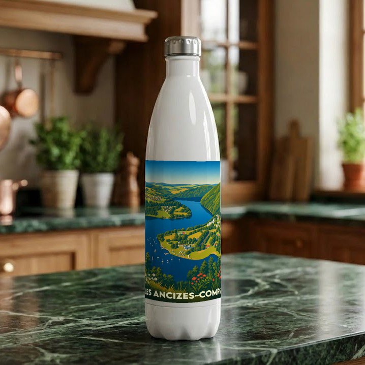 Gourde blanche souvenir de la ville de Les Ancizes-Comps avec une illustration stylisée d'un paysage de rivière.