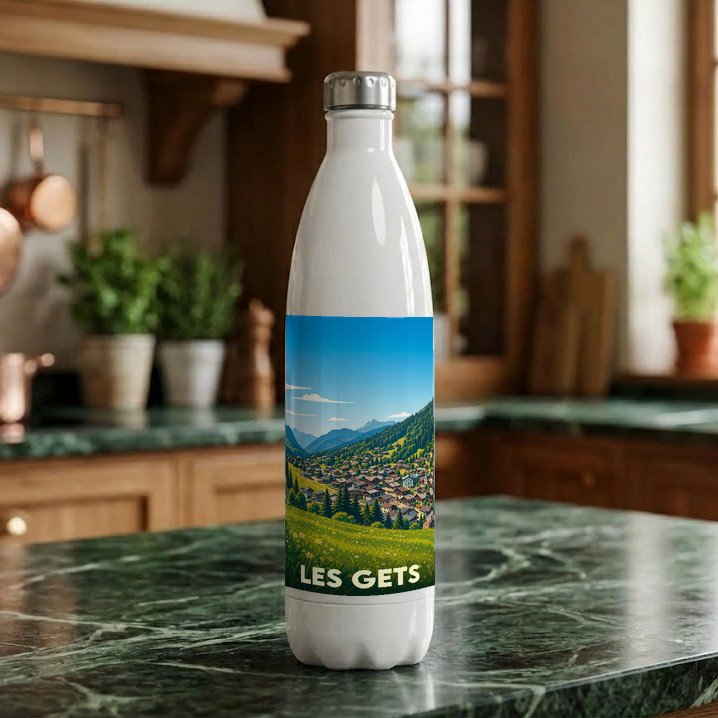 Gourde souvenir de la ville de Les Gets avec une illustration stylisée d'un village de montagne.