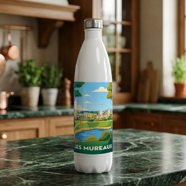 Gourde souvenir de la ville de Les Mureaux avec une illustration stylisée.