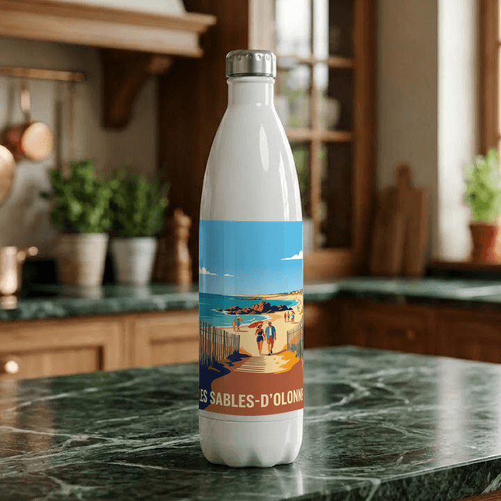 Gourde souvenir de la ville des Sables-d'Olonne avec une illustration stylisée de son bord de mer.