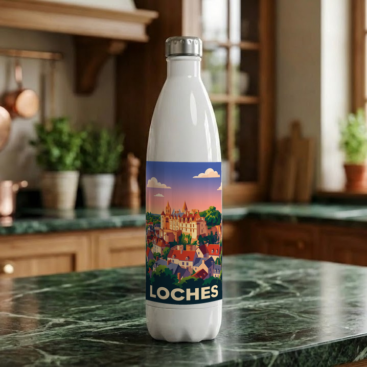 Gourde souvenir de la ville de Loches avec une illustration stylisée.
