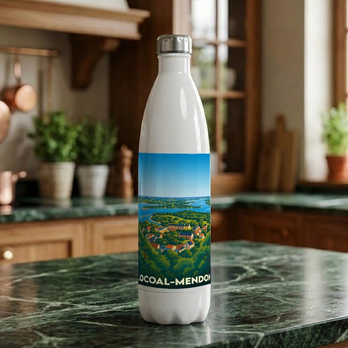 Gourde souvenir de la ville de Locoal-Mendon illustrée d'un paysage côtier stylisé.