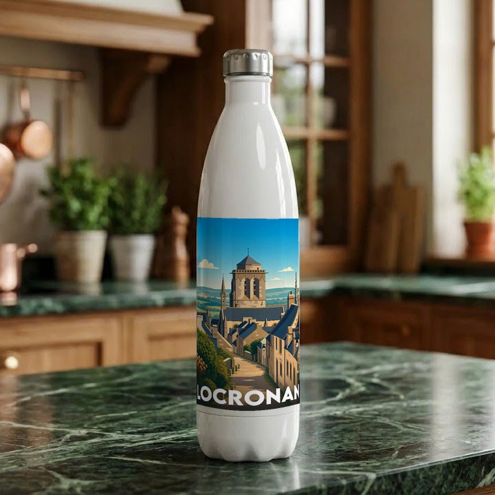 Gourde souvenir de la ville de Locronan avec une illustration stylisée.
