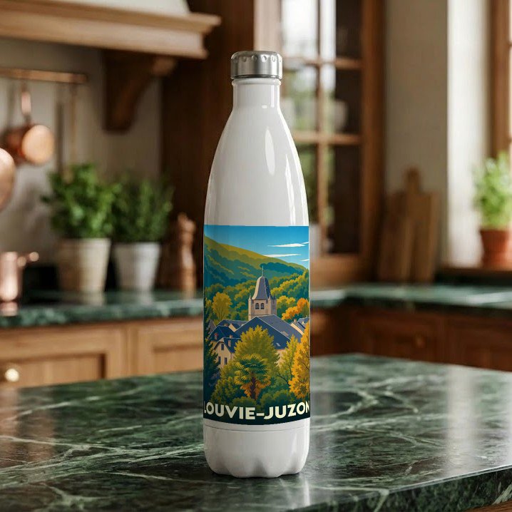 Gourde souvenir de Louvie-Juzon avec une illustration stylisée du village et de son église.
