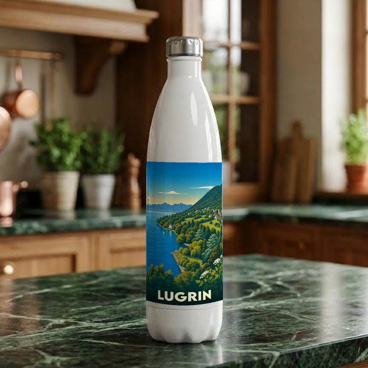 Gourde souvenir de la ville de Lugrin ornée d'une illustration paysagère stylisée.