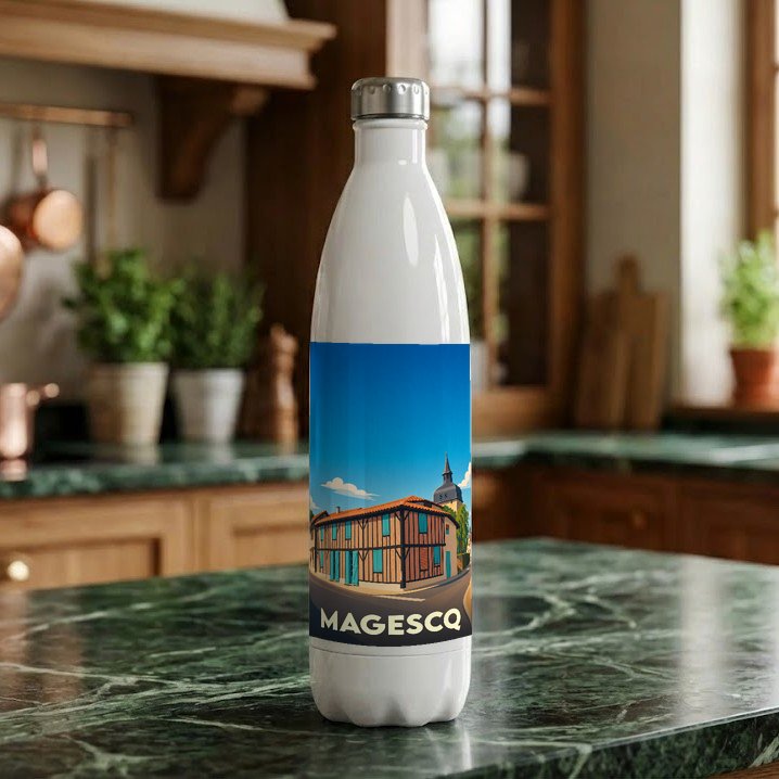 Gourde souvenir de la ville de Magescq avec une illustration stylisée d'une maison landaise.