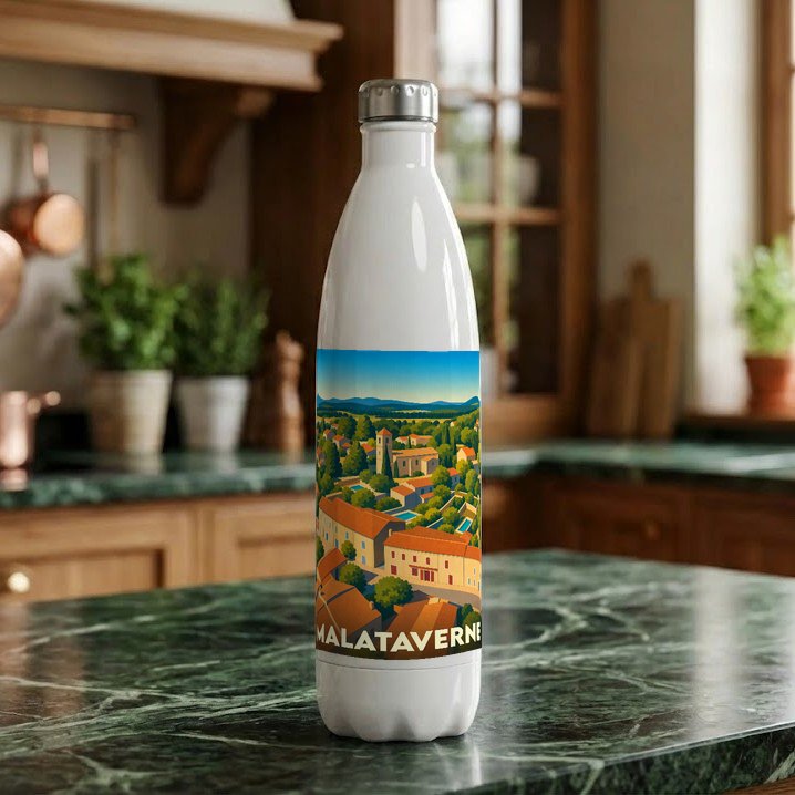 Gourde souvenir de la ville de Malataverne ornée d'une illustration stylisée de son paysage urbain.
