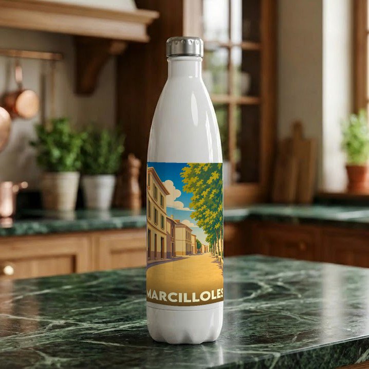 Gourde souvenir de la ville de Marcilloles avec une illustration stylisée.