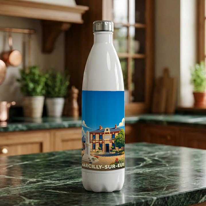 Gourde souvenir de Marcilly-sur-Eure ornée d'une illustration stylisée de la ville.