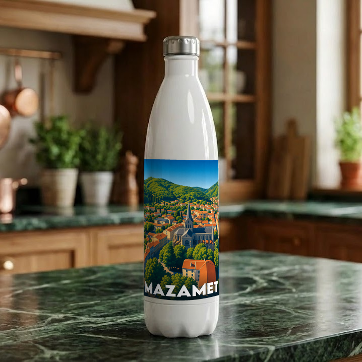 Gourde blanche souvenir de la ville de Mazamet ornée d'une illustration panoramique colorée.