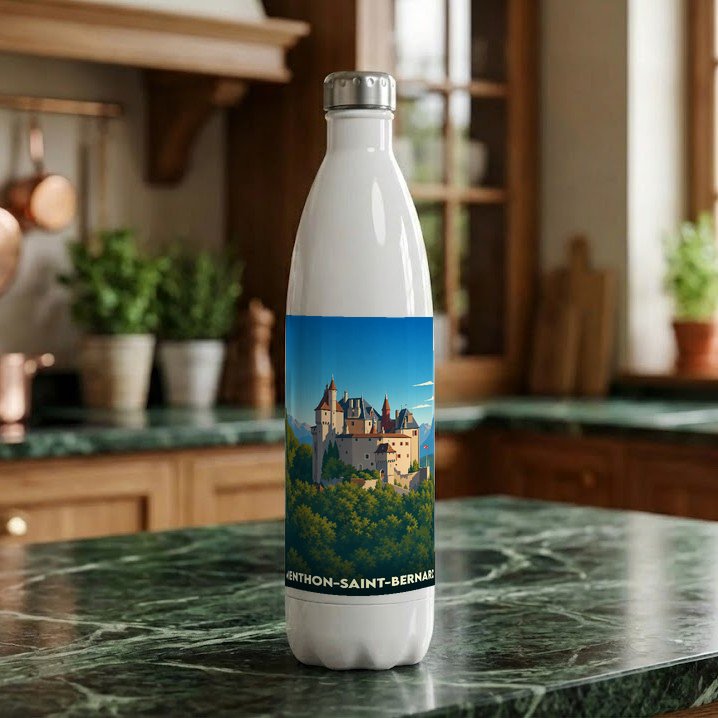 Gourde souvenir de Menthon-Saint-Bernard illustrée d'une vue stylisée du château sur fond de montagnes.