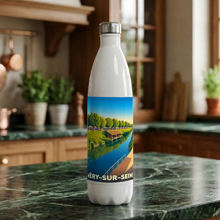 Gourde blanche souvenir de la ville de Méry-sur-Seine avec une illustration stylisée d'un bord de rivière.