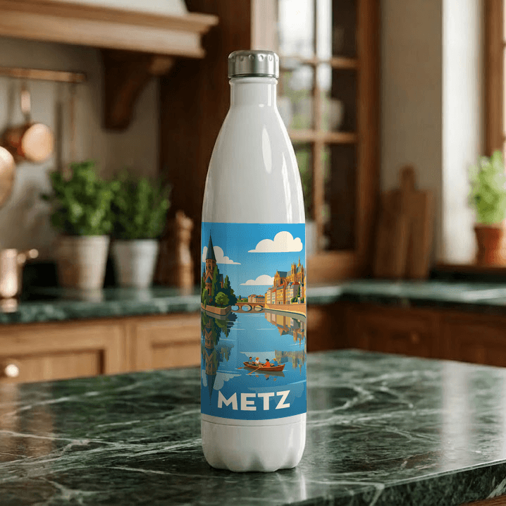 Gourde souvenir de la ville de Metz avec une illustration stylisée de son paysage urbain au bord de l'eau.