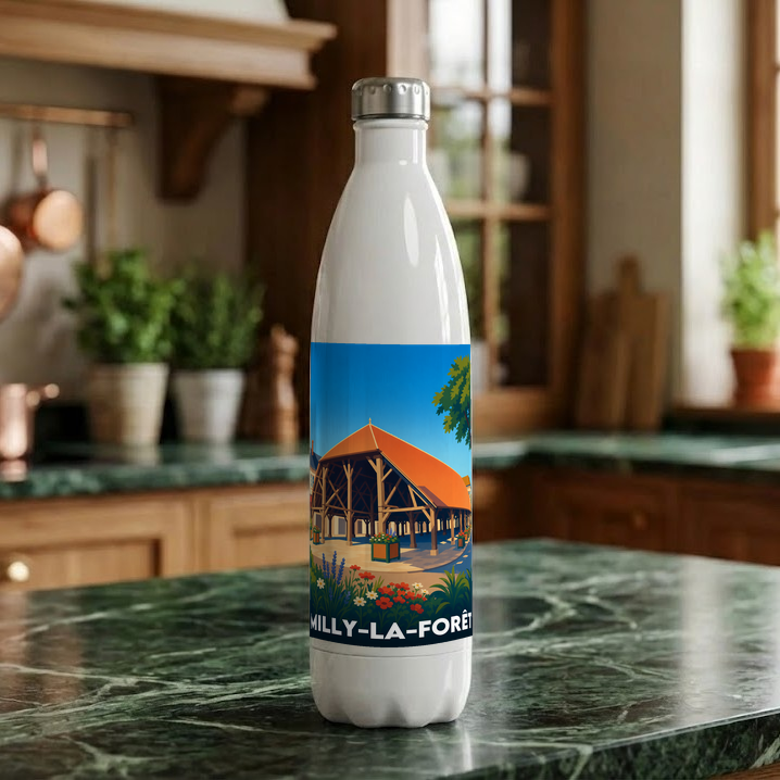 Gourde souvenir de la ville de Milly-la-Forêt avec une illustration stylisée.