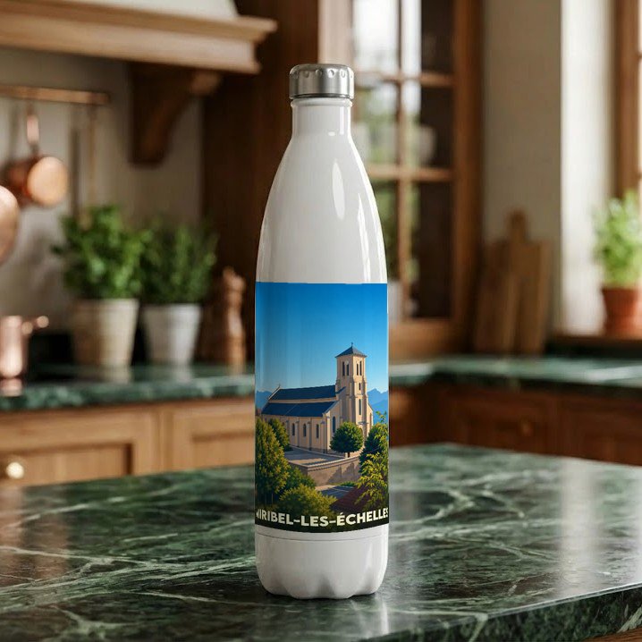 Gourde souvenir de la ville de Miribel-les-Échelles avec une illustration stylisée d'une église.