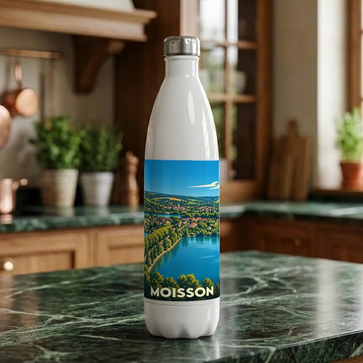 Gourde souvenir de la ville de Moisson ornée d'une illustration panoramique stylisée.