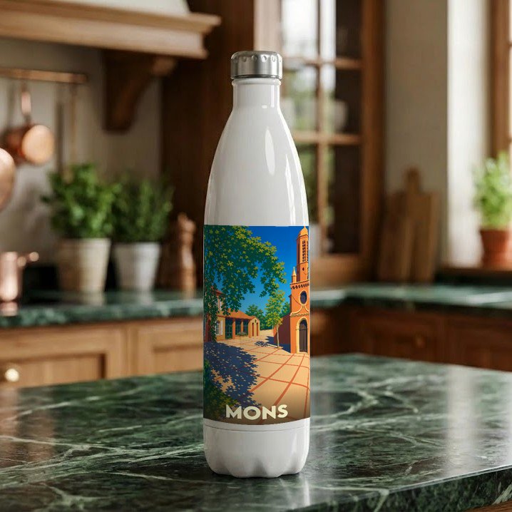 Gourde souvenir de la ville de Mons avec une illustration stylisée.