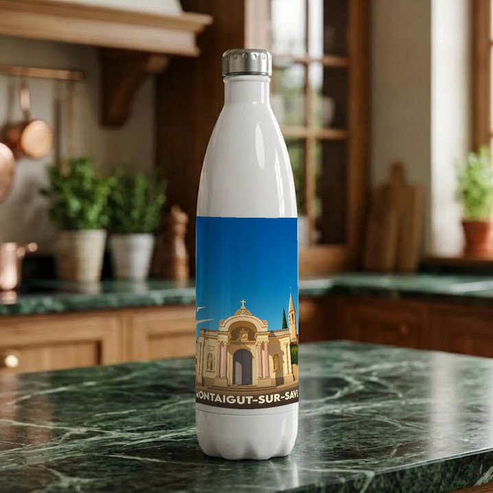 Gourde souvenir de la ville de Montaigut-sur-Save avec une illustration stylisée de son église.
