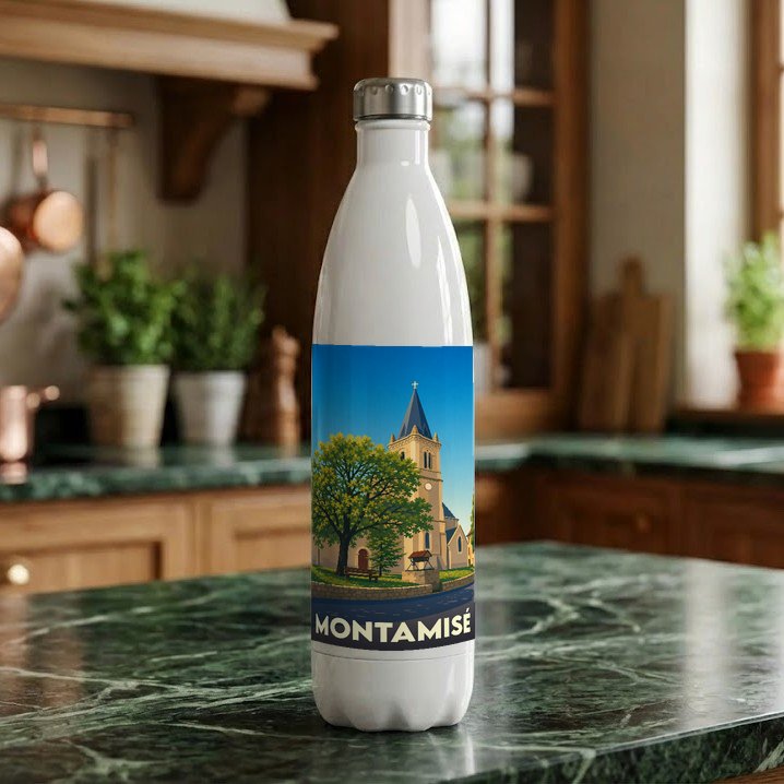 Gourde souvenir de la ville de Montamisé avec une illustration stylisée de son église.
