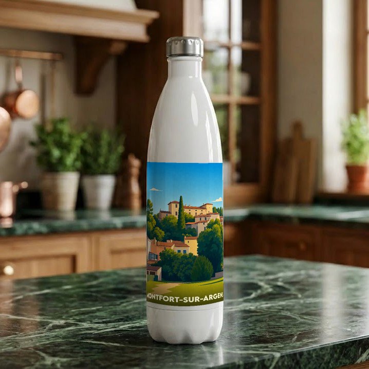 Gourde souvenir de la ville de Montfort-sur-Argens avec une illustration stylisée de ses paysages provençaux.