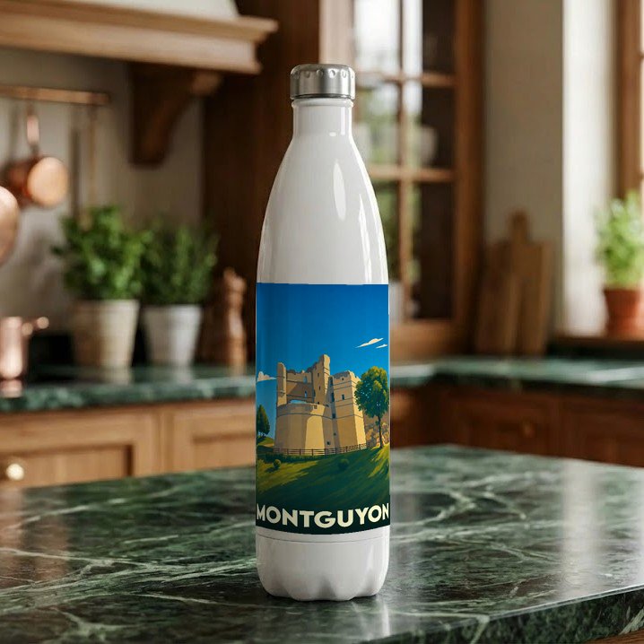 Gourde souvenir de la ville de Montguyon avec une illustration stylisée de son château médiéval.