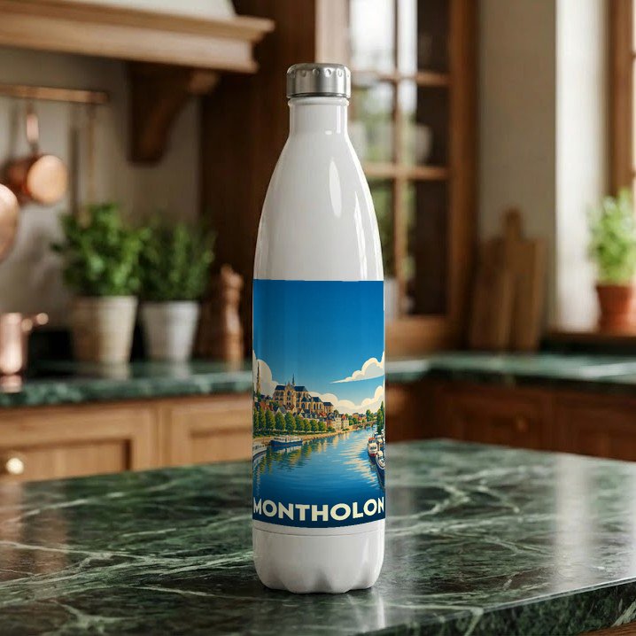 Gourde blanche souvenir de la ville de Montholon avec une illustration stylisée d'un paysage urbain au bord de l'eau.